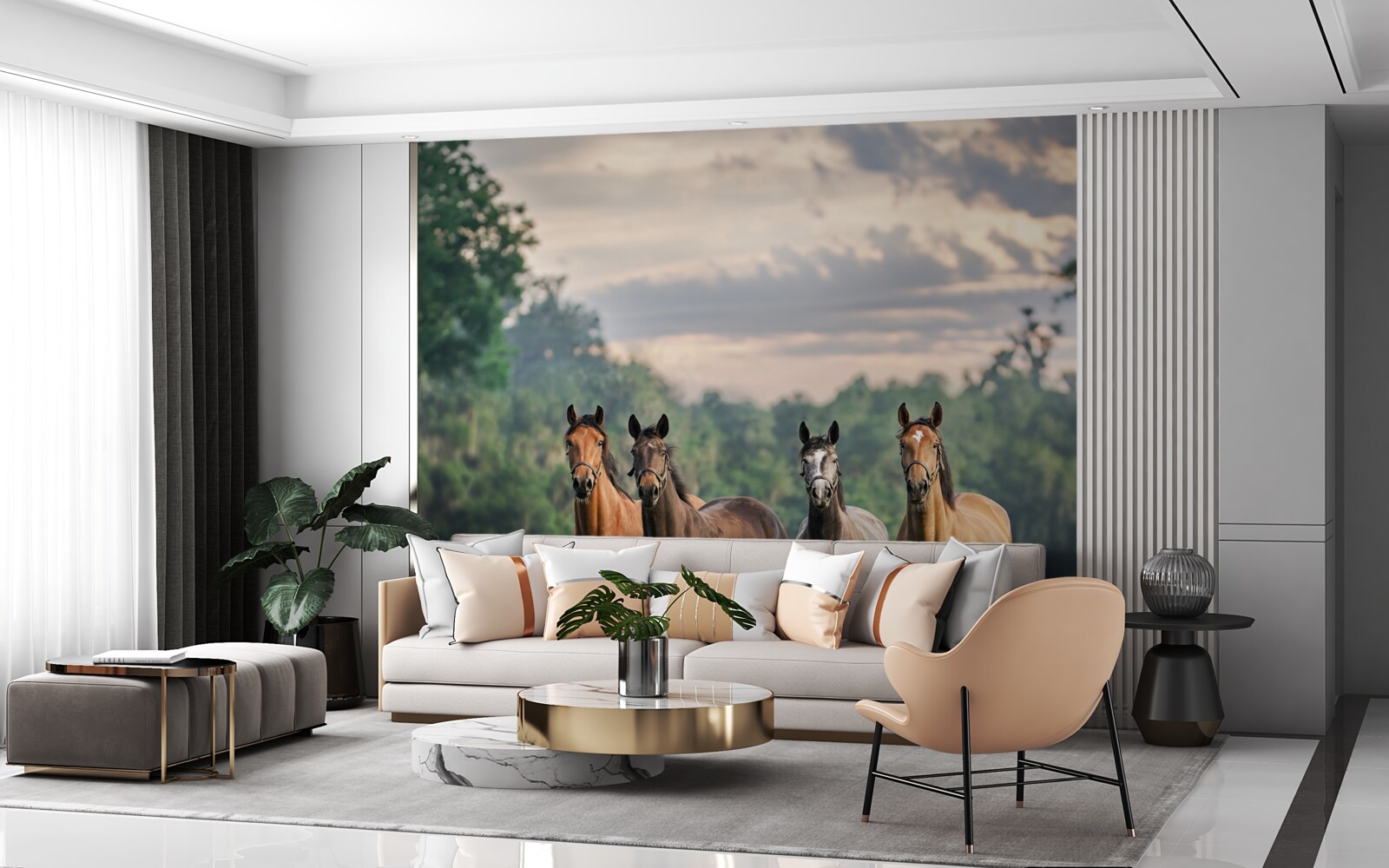 Fotobehang vier paarden rustend in een kudde in een weiland