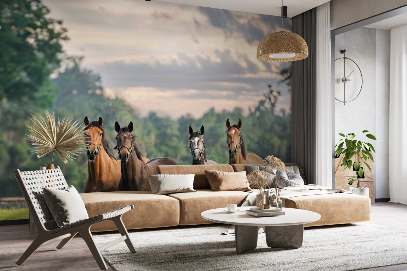 Fotobehang vier paarden rustend in een kudde in een weiland