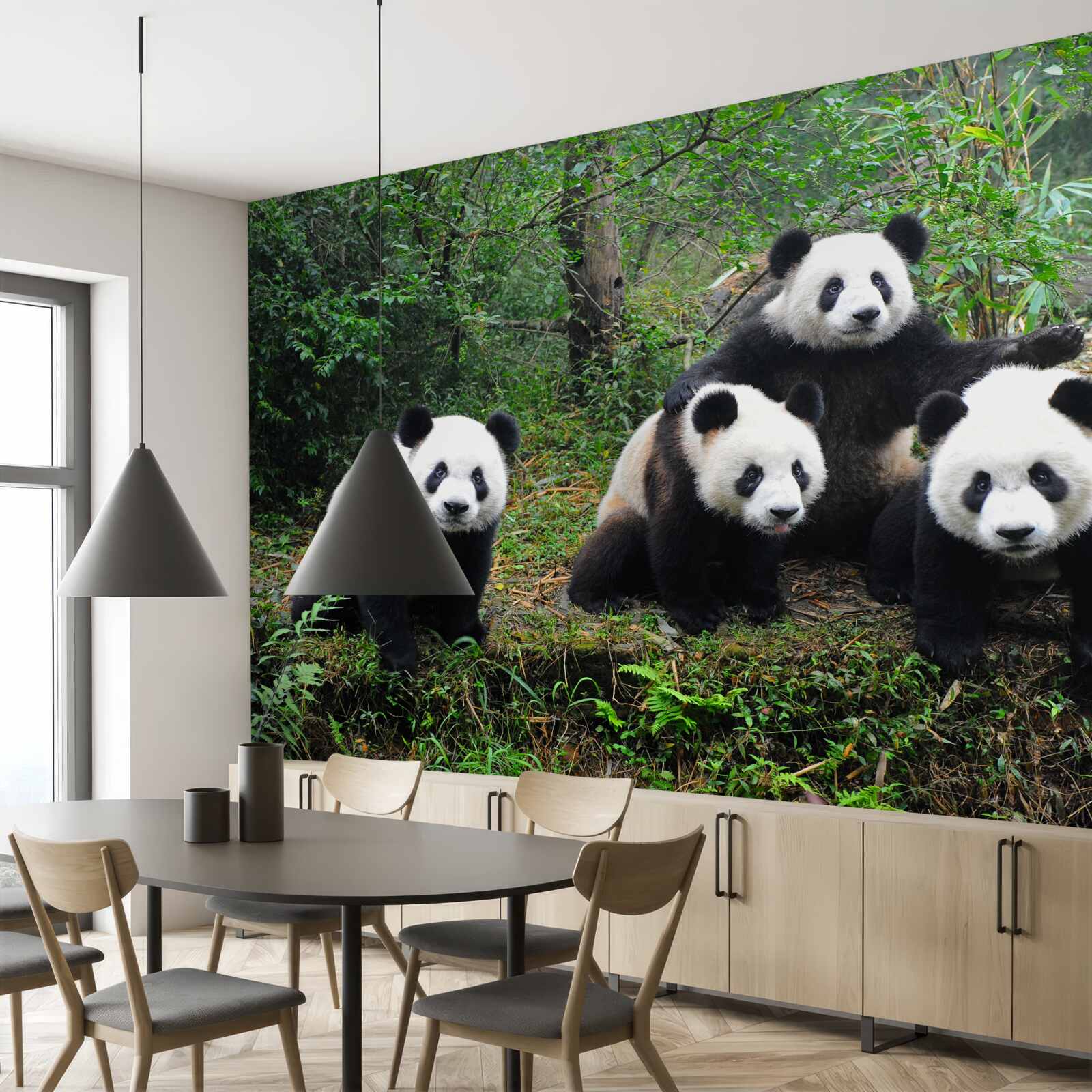 Fotobehang een rustgevende familie van schattige panda's