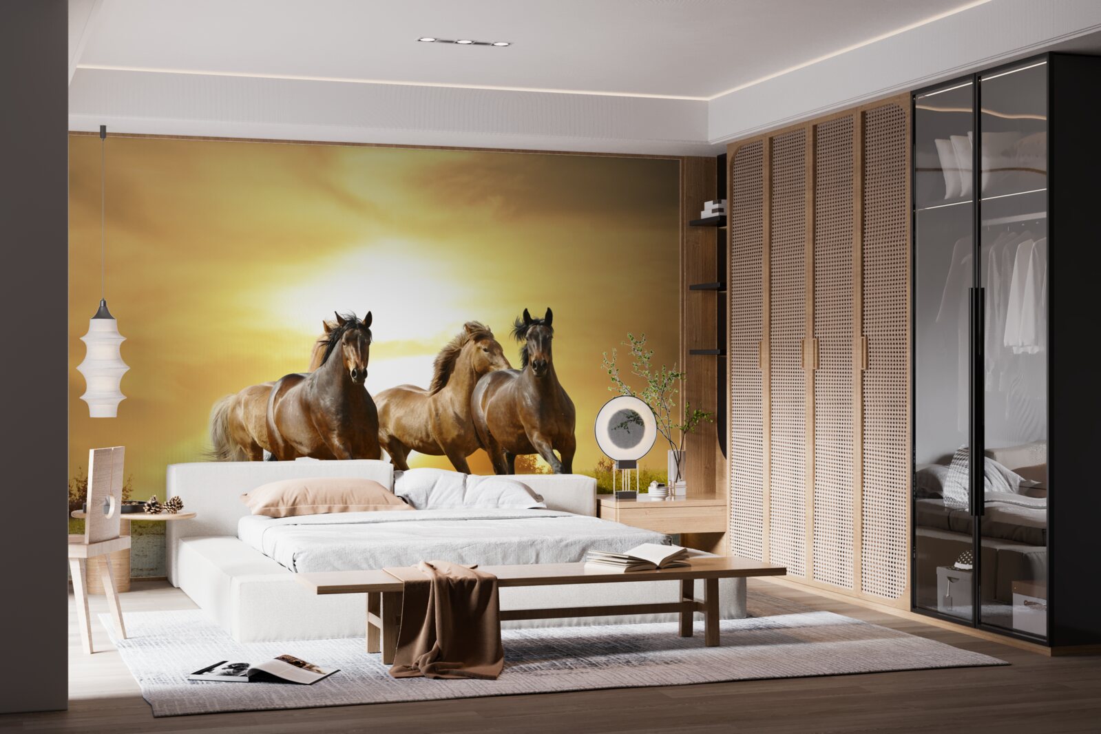 Fotobehang paarden haasten zich naar de ondergaande zon