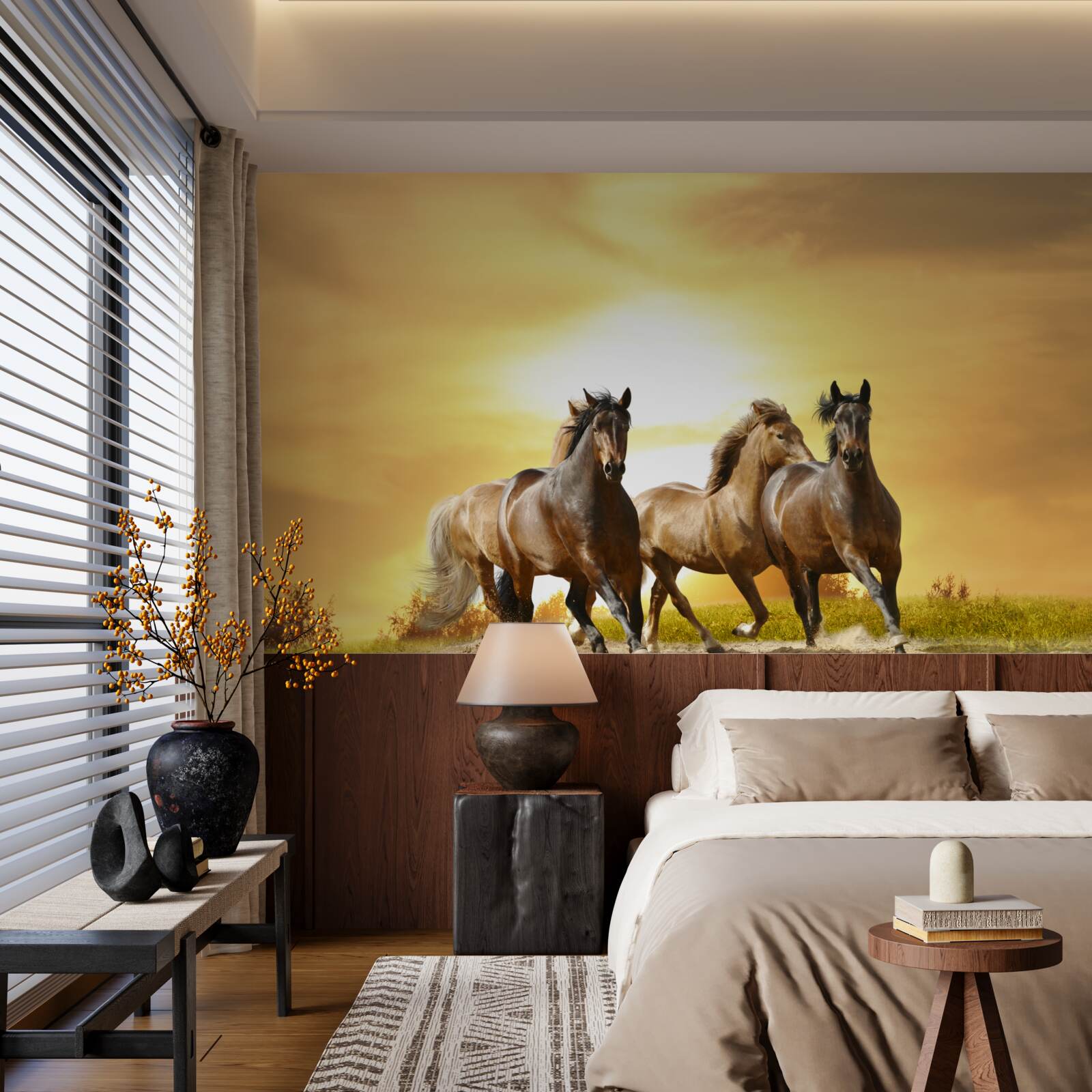 Fotobehang paarden haasten zich naar de ondergaande zon