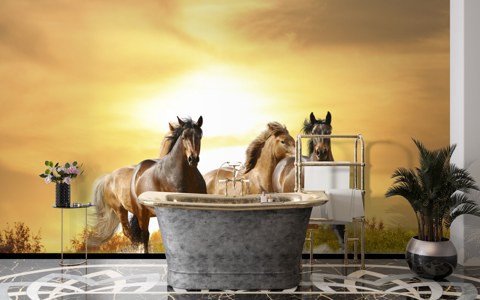 Fotobehang paarden haasten zich naar de ondergaande zon