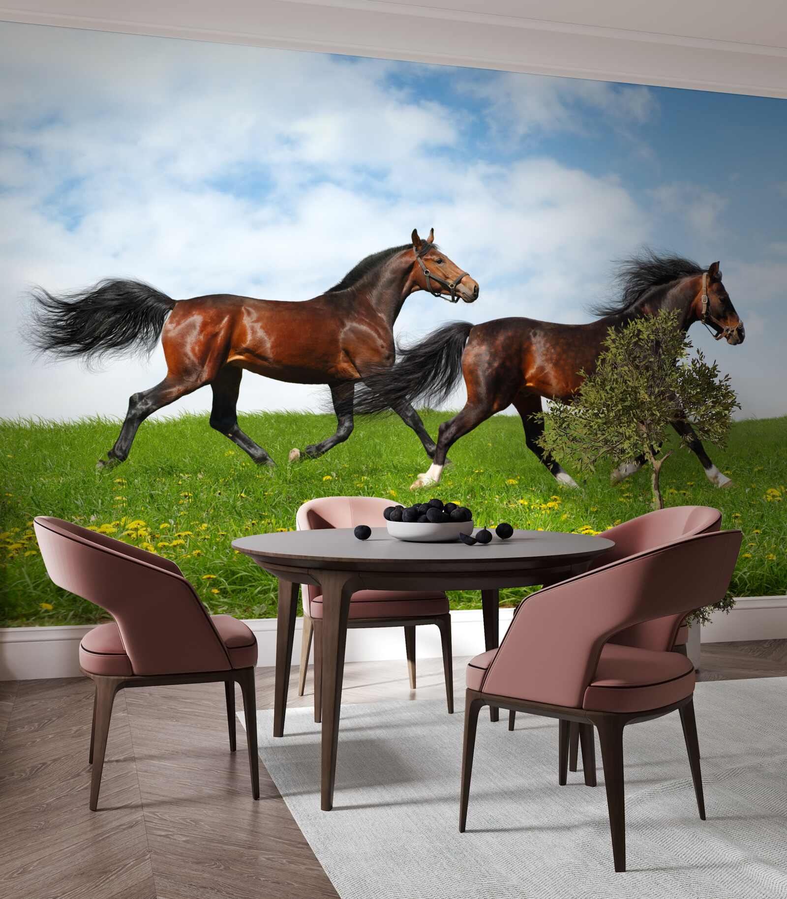 Fotobehang vroege paarden die door een open plek rennen