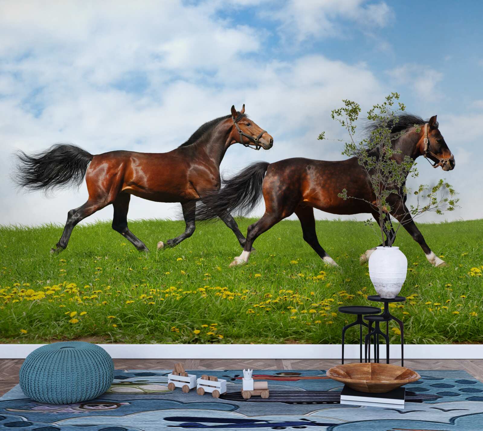 Fotobehang vroege paarden die door een open plek rennen