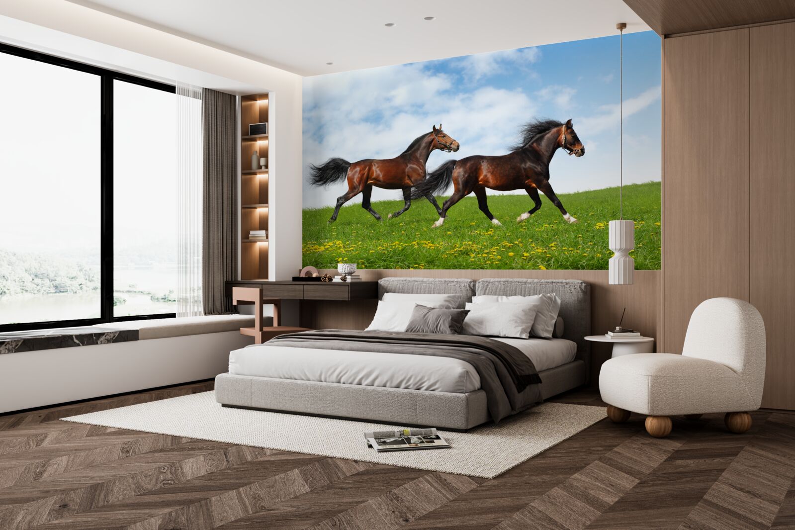 Fotobehang vroege paarden die door een open plek rennen