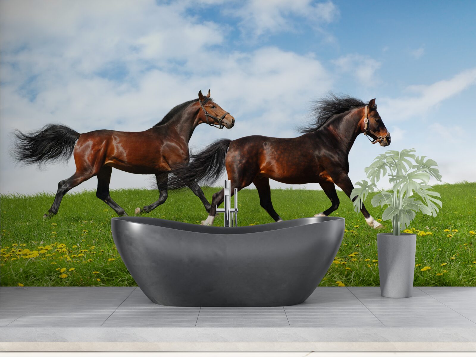 Fotobehang vroege paarden die door een open plek rennen