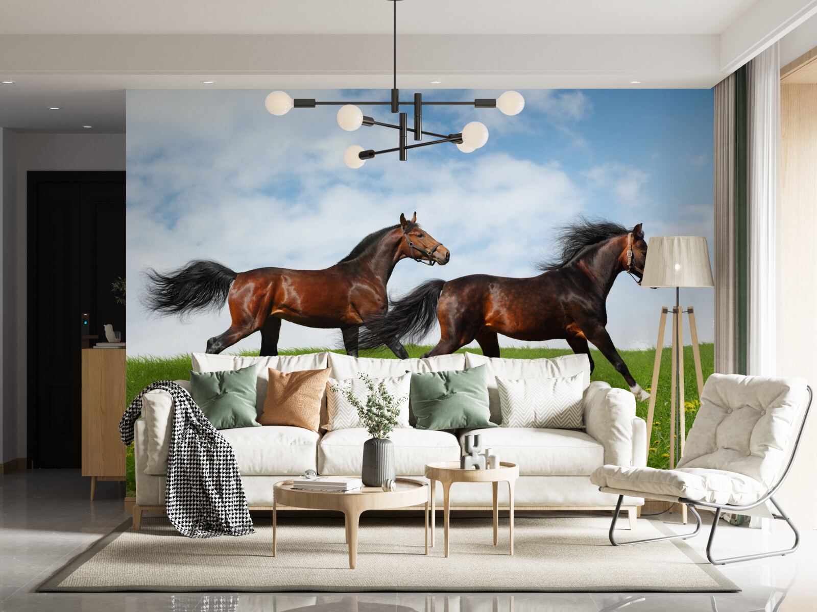 Fotobehang vroege paarden die door een open plek rennen