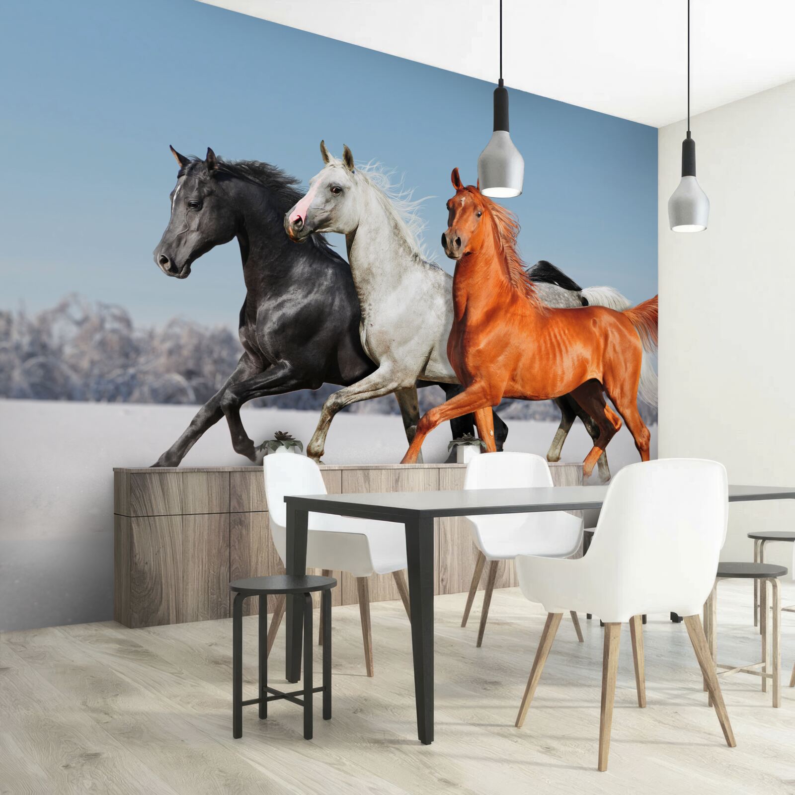 Fotobehang drie paarden in galop op besneeuwde grond