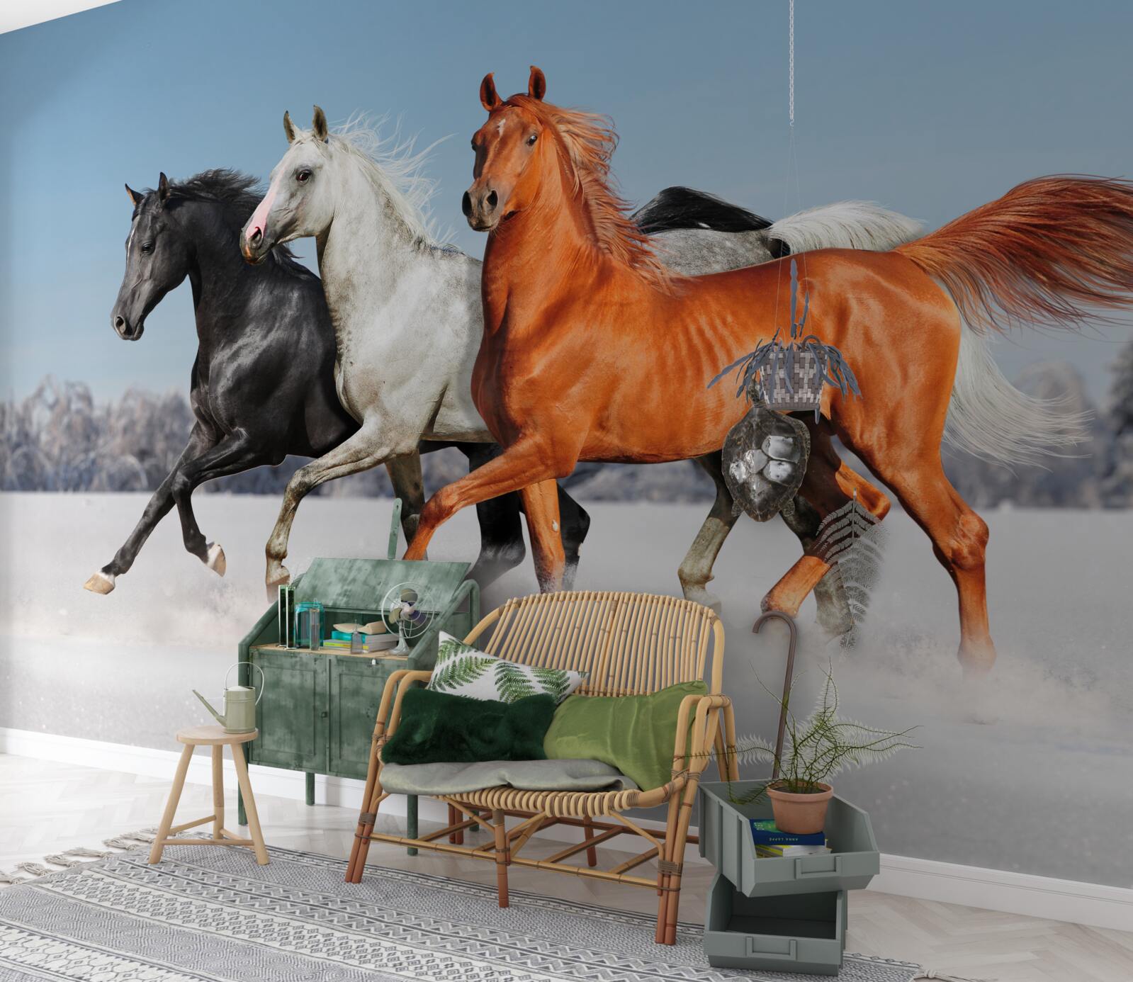 Fotobehang drie paarden in galop op besneeuwde grond