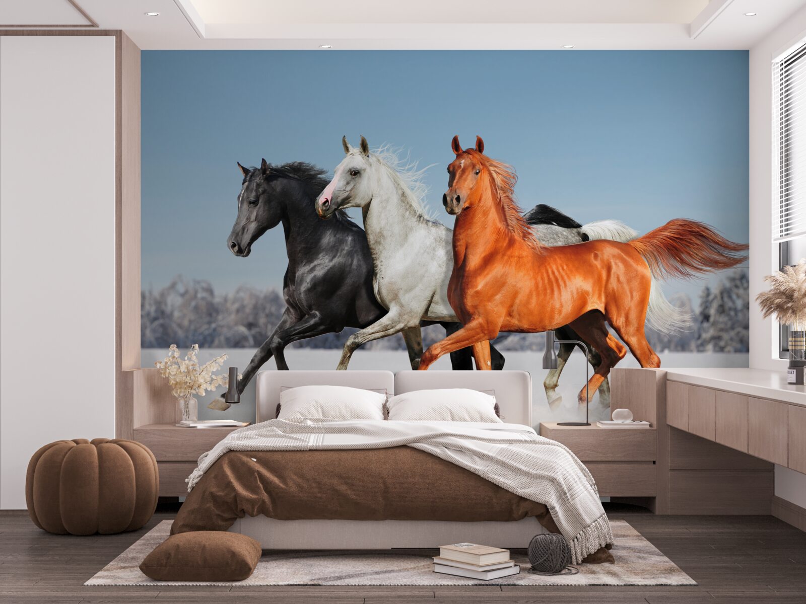 Fotobehang drie paarden in galop op besneeuwde grond