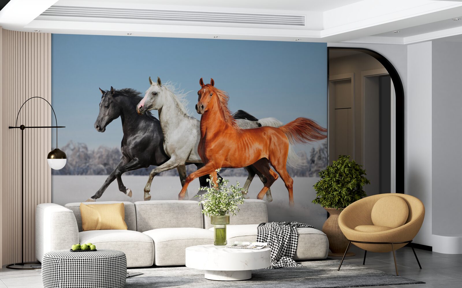 Fotobehang drie paarden in galop op besneeuwde grond