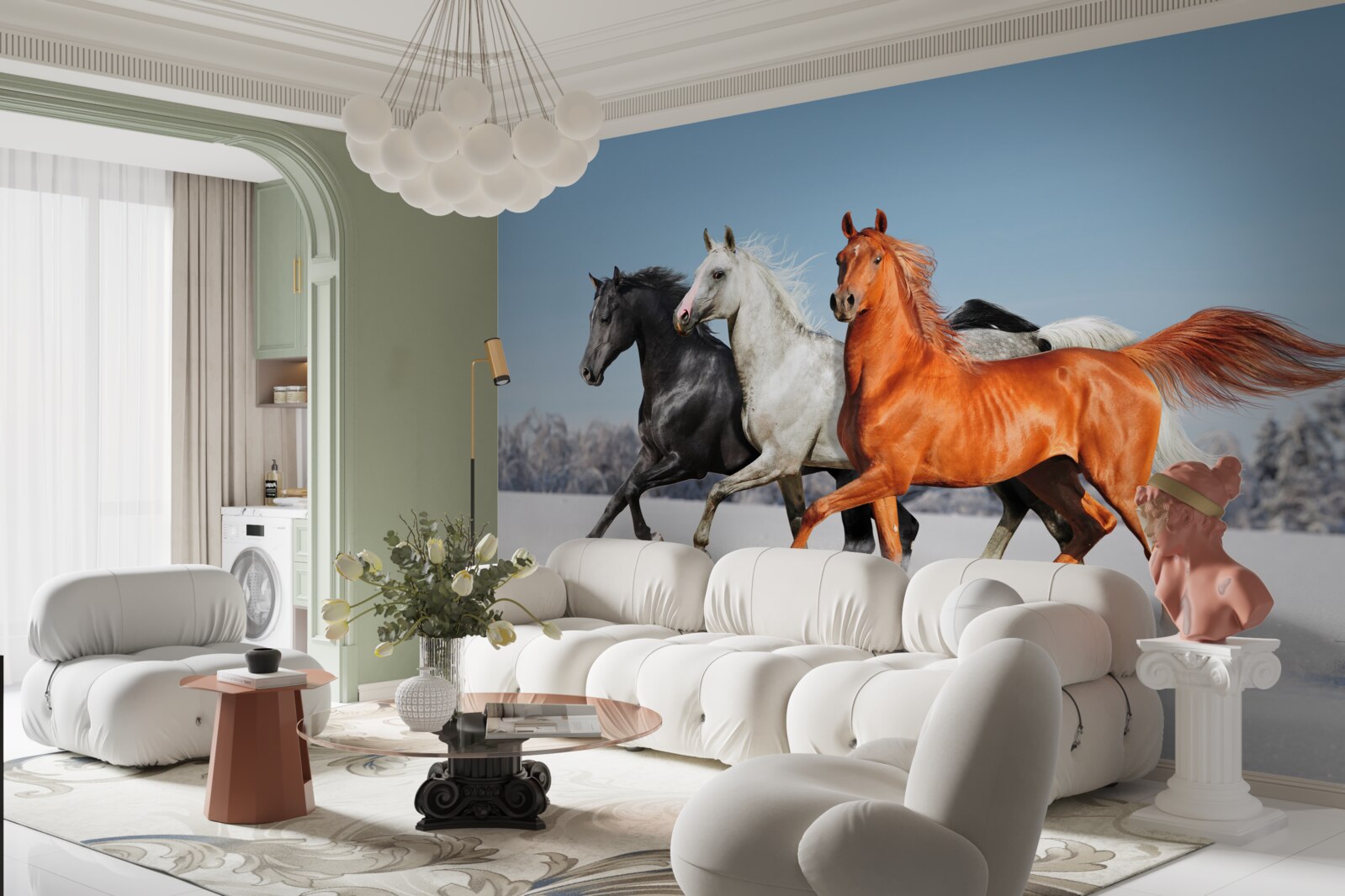 Fotobehang drie paarden in galop op besneeuwde grond