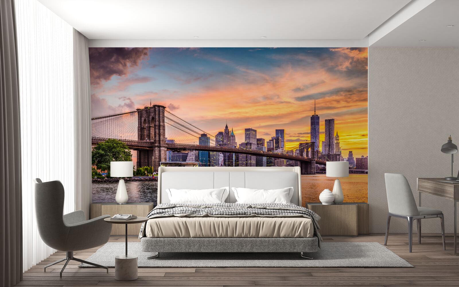 Fotobehang Dageraad over de Brooklyn Bridge
