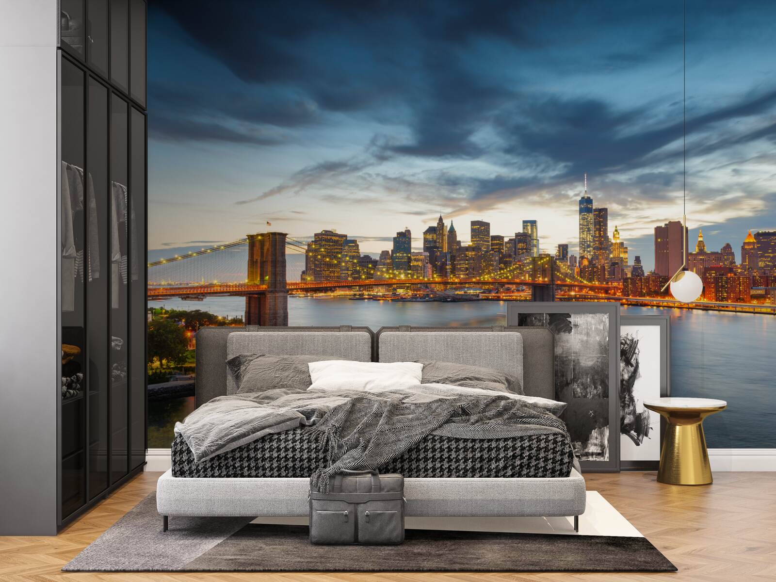 Fotobehang brug in de stad met verlichting