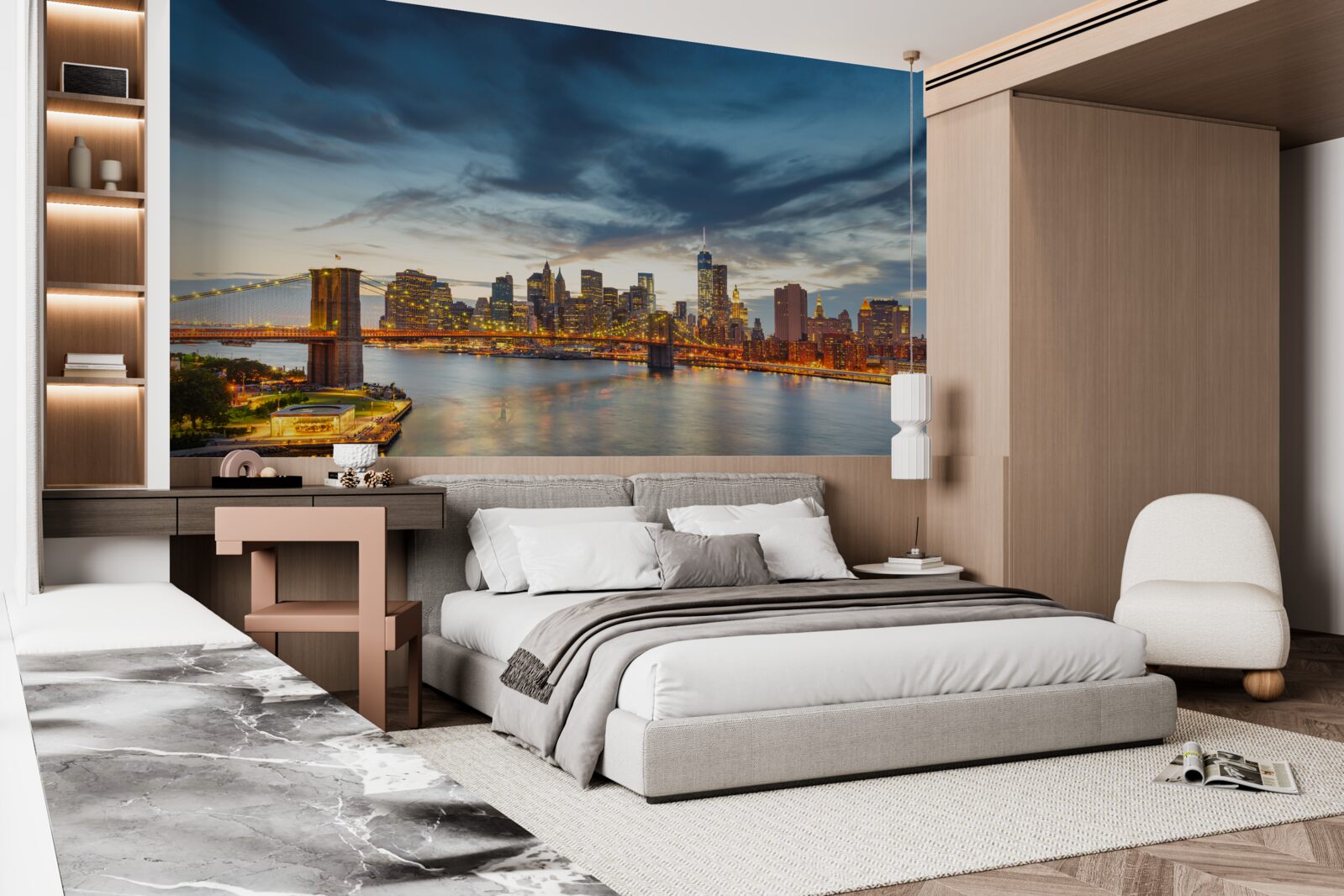 Fotobehang brug in de stad met verlichting