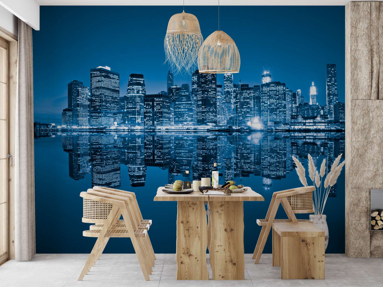 Fotobehang reflectie van donkerblauwe gebouwen in water