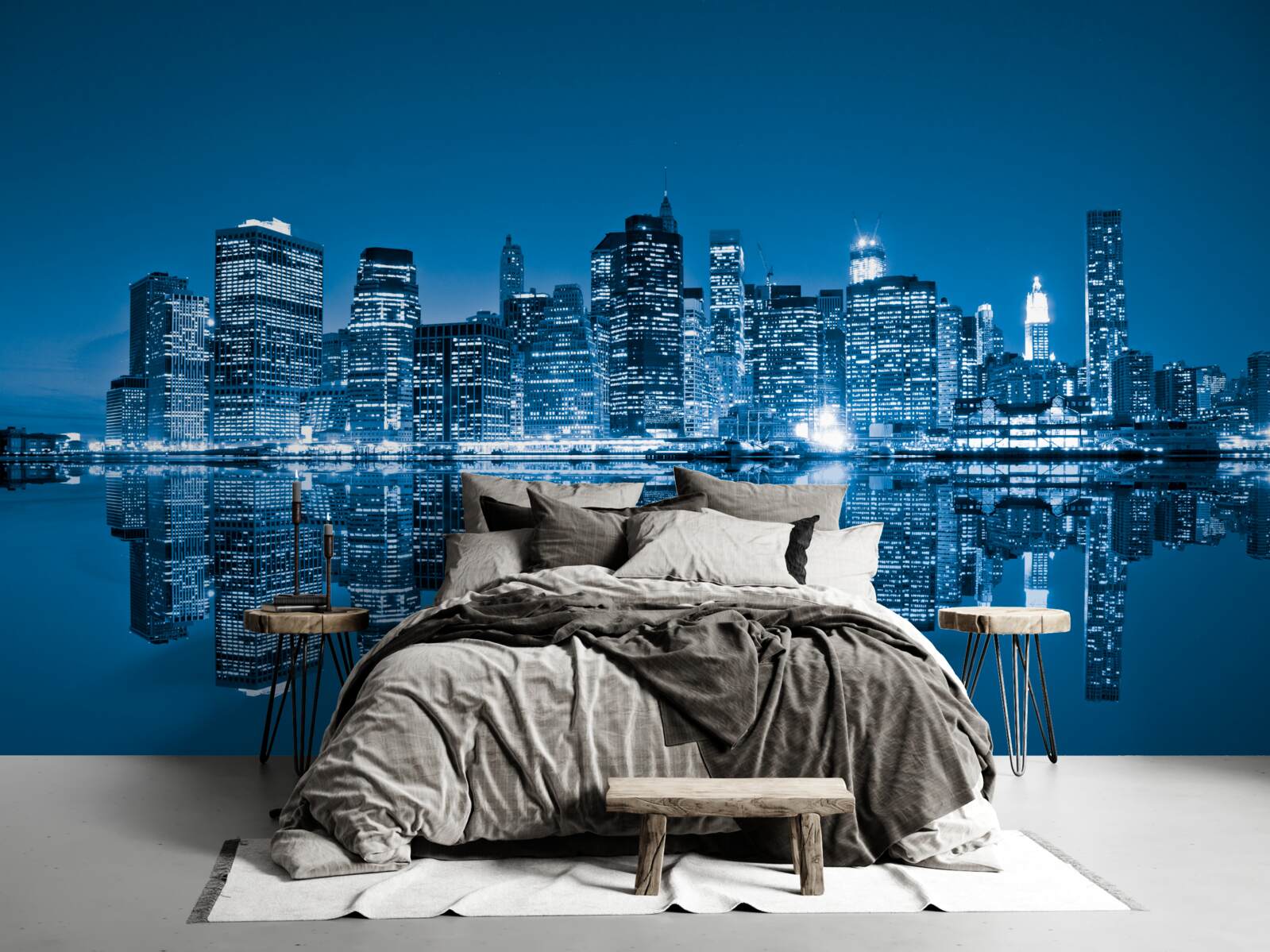 Fotobehang reflectie van donkerblauwe gebouwen in water