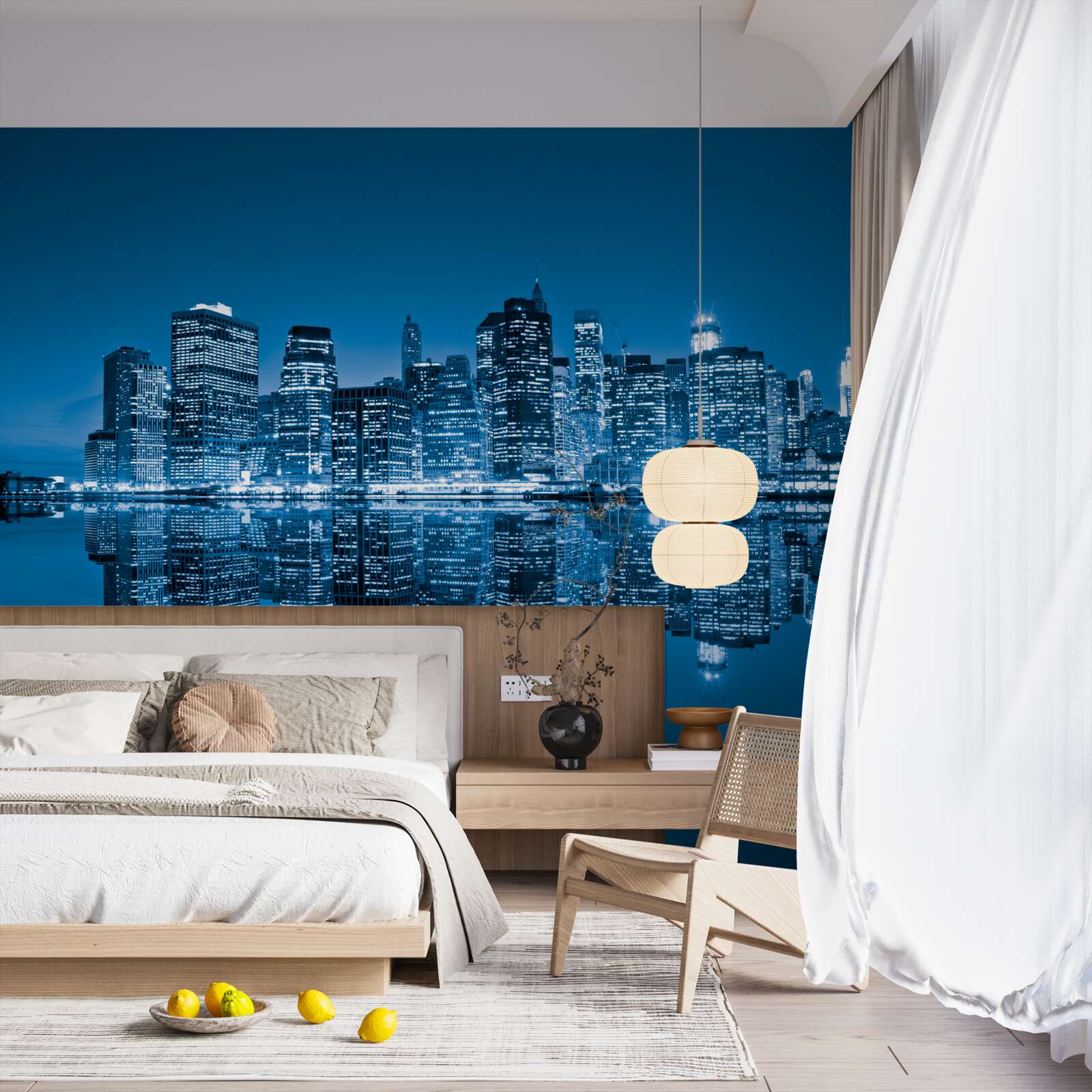 Fotobehang reflectie van donkerblauwe gebouwen in water