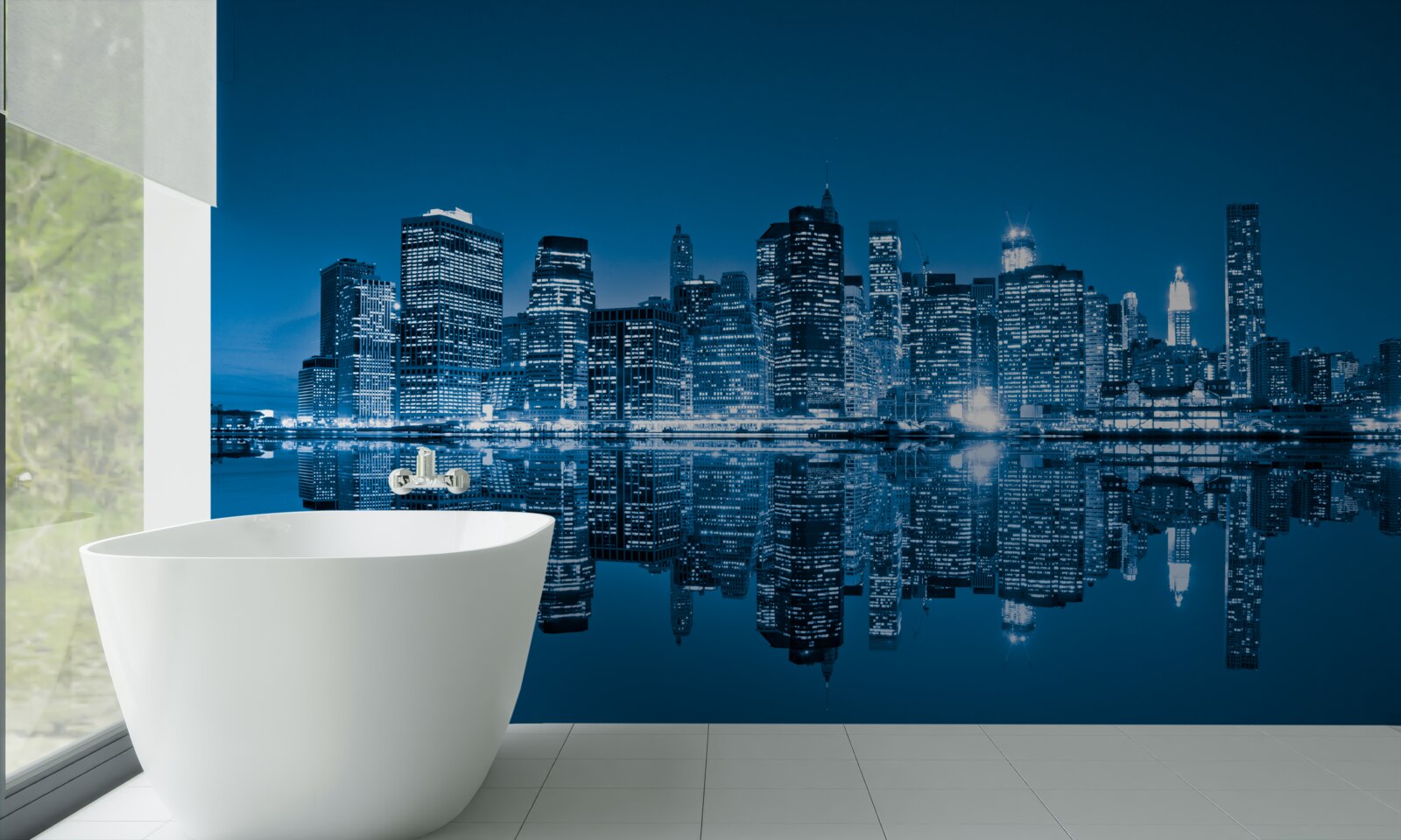 Fotobehang reflectie van donkerblauwe gebouwen in water