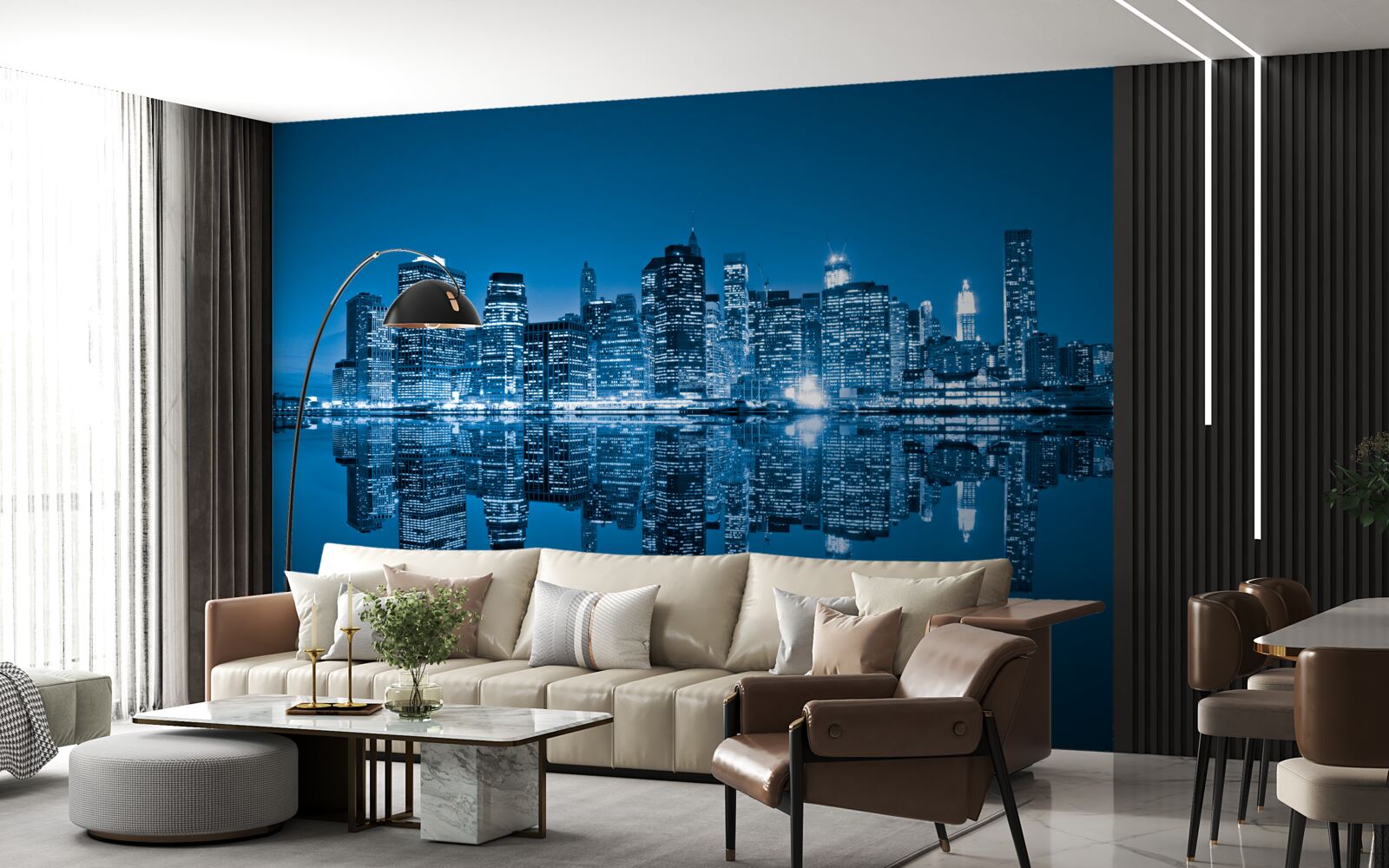 Fotobehang reflectie van donkerblauwe gebouwen in water