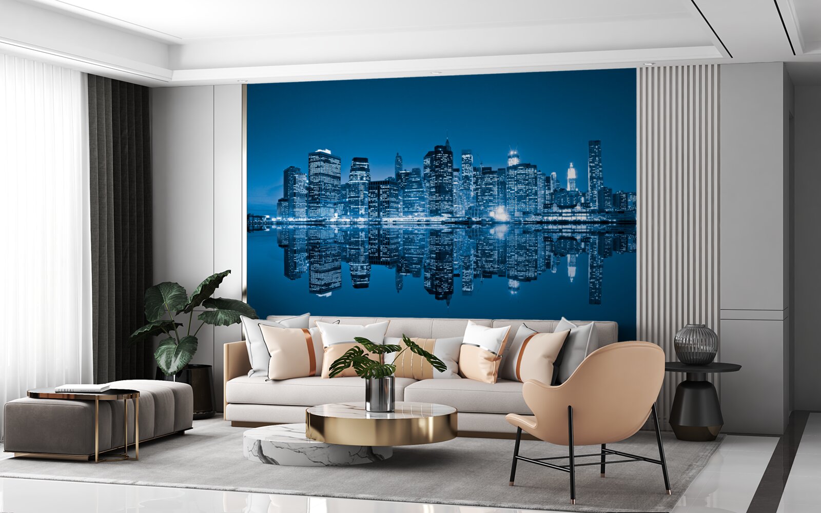 Fotobehang reflectie van donkerblauwe gebouwen in water