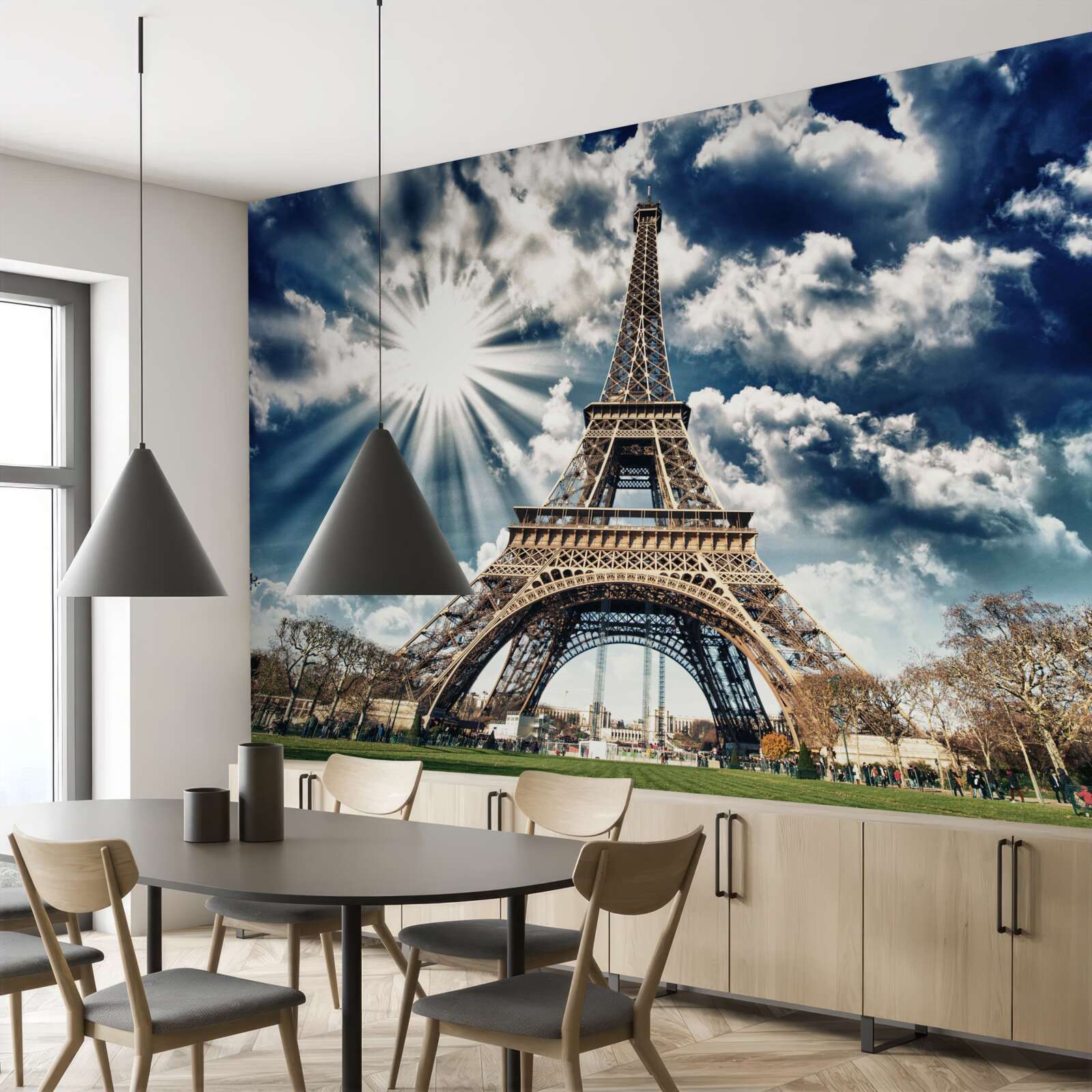 Fotobehang zonneschijn boven de eiffeltoren