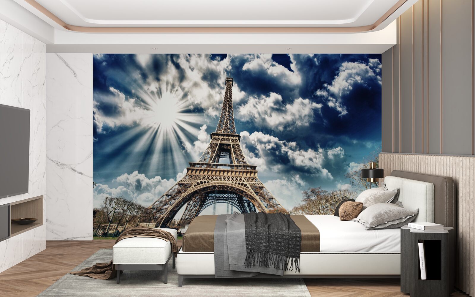 Fotobehang zonneschijn boven de eiffeltoren