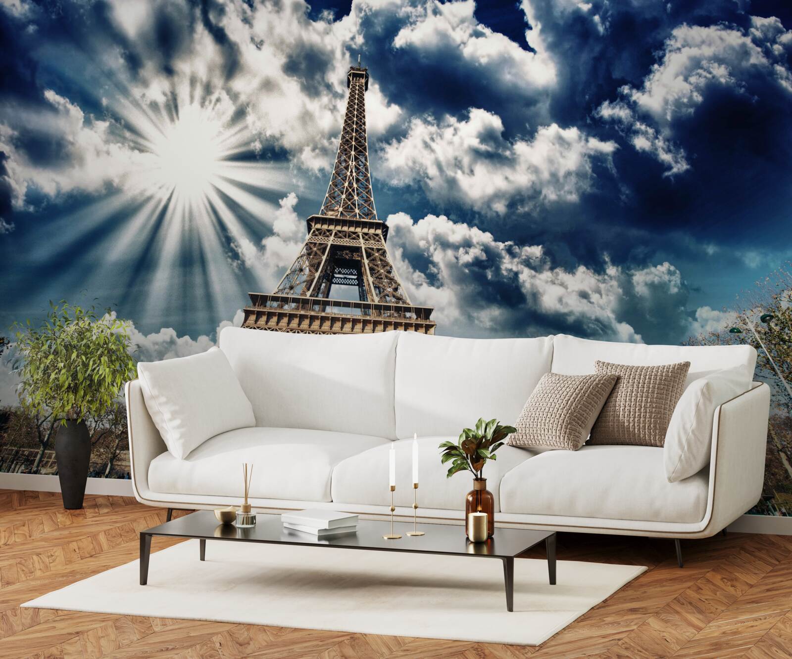 Fotobehang zonneschijn boven de eiffeltoren