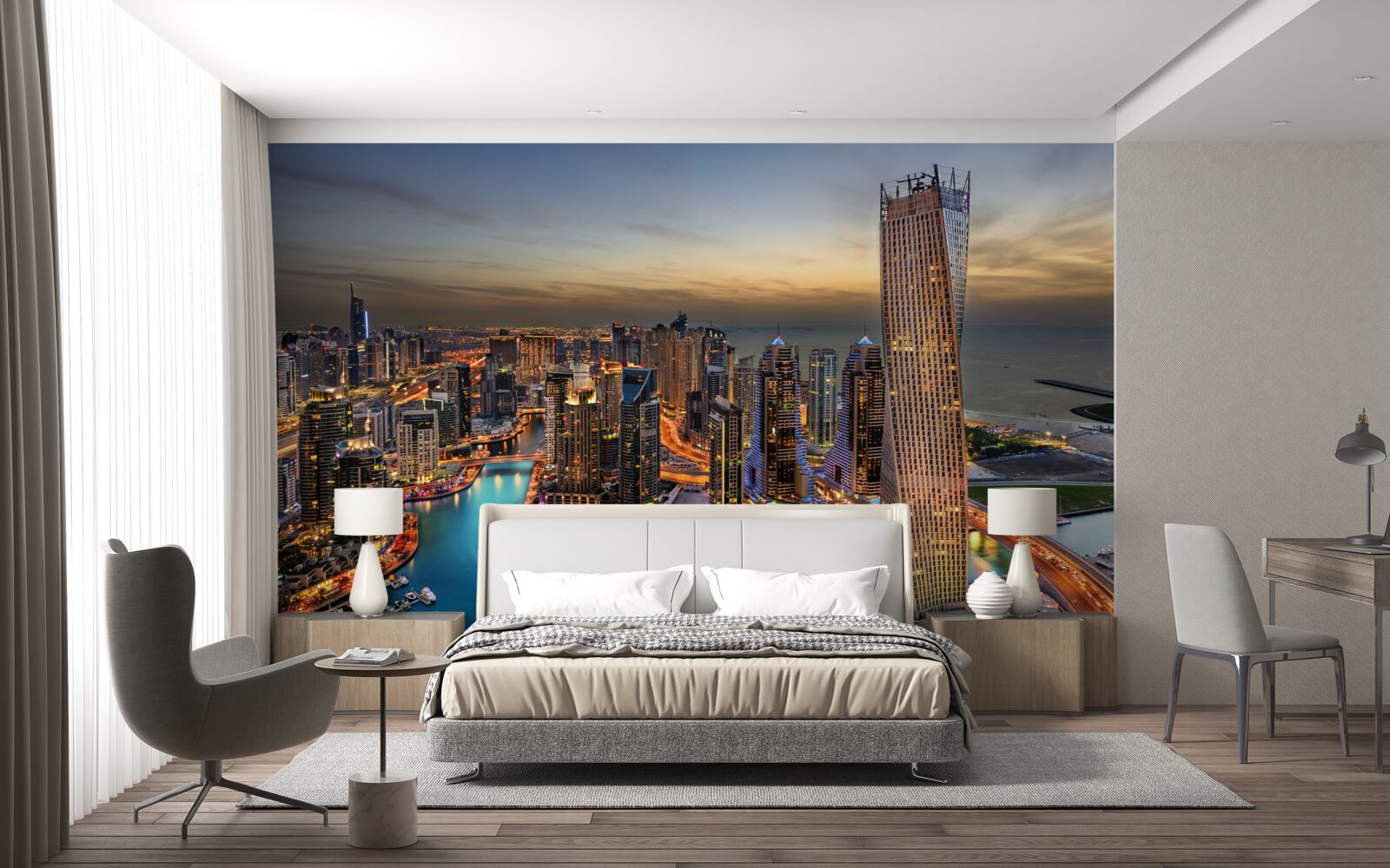 Fotobehang skyline van avondgebouwen in dubai