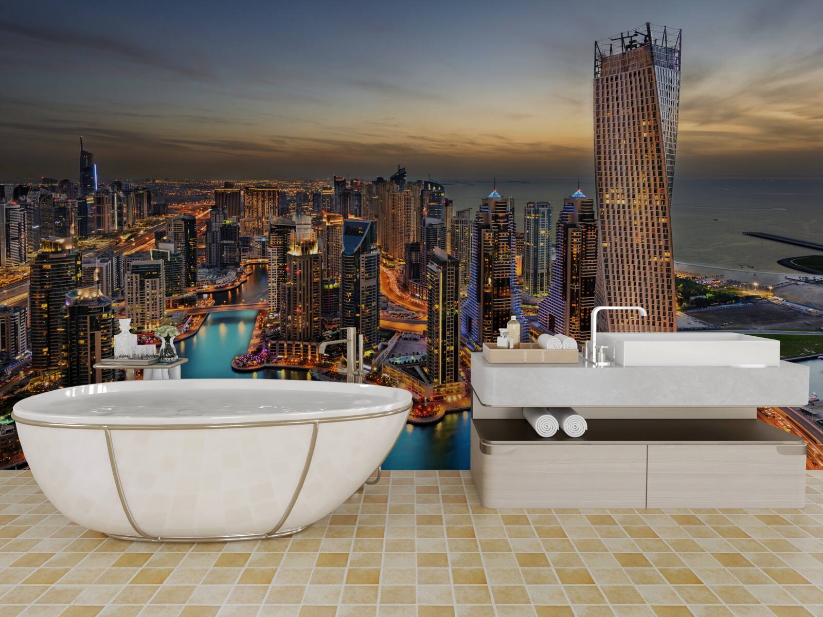 Fotobehang skyline van avondgebouwen in dubai