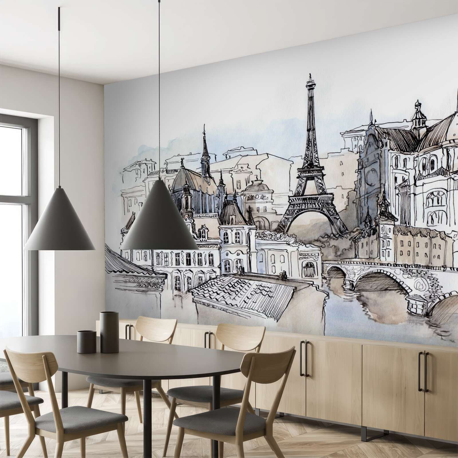 Fotobehang Parijse landschappen gereproduceerd met aquarelverf