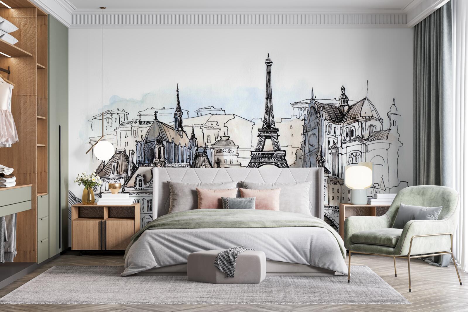 Fotobehang Parijse landschappen gereproduceerd met aquarelverf