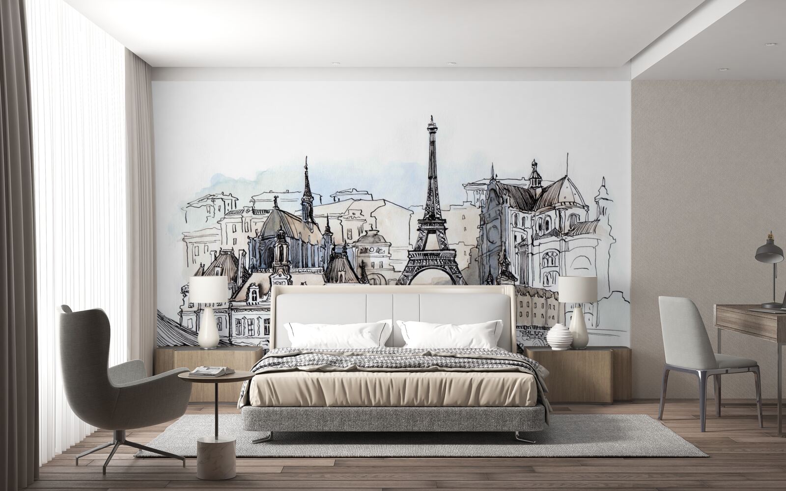 Fotobehang Parijse landschappen gereproduceerd met aquarelverf