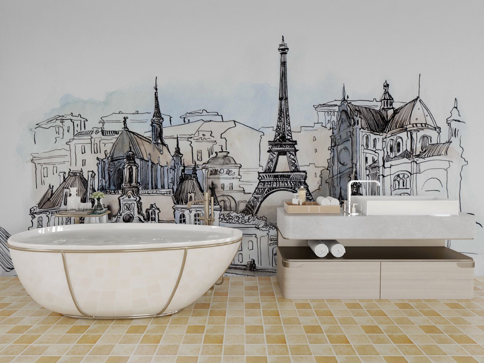 Fotobehang Parijse landschappen gereproduceerd met aquarelverf