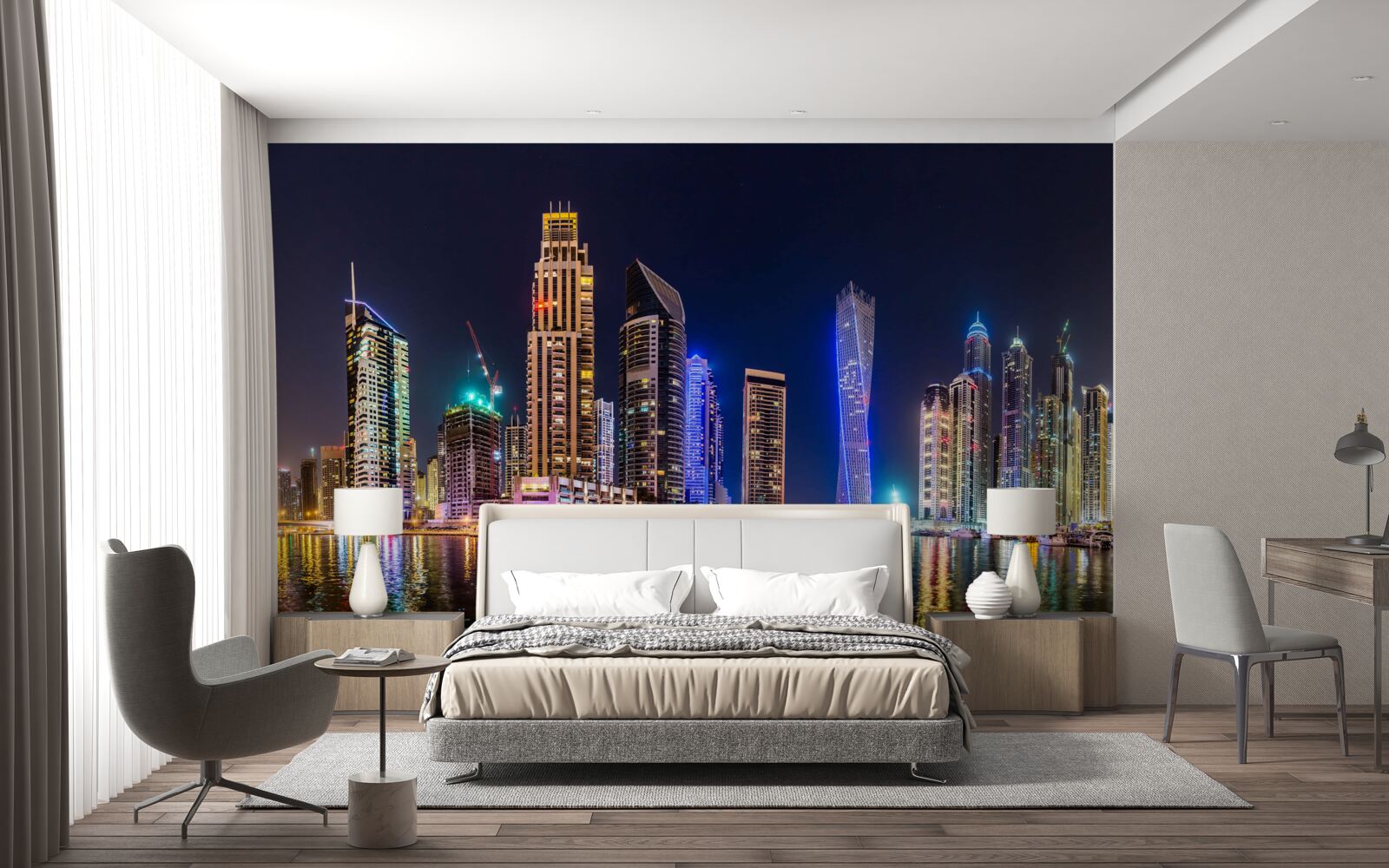 Fotobehang een fascinerende nachtstraat in dubai