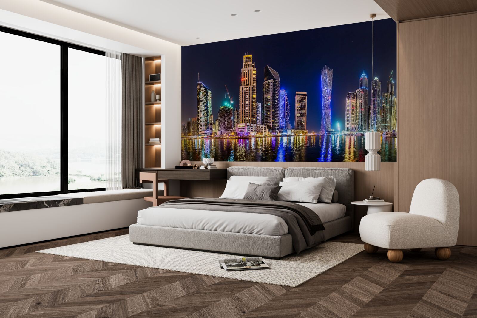 Fotobehang een fascinerende nachtstraat in dubai