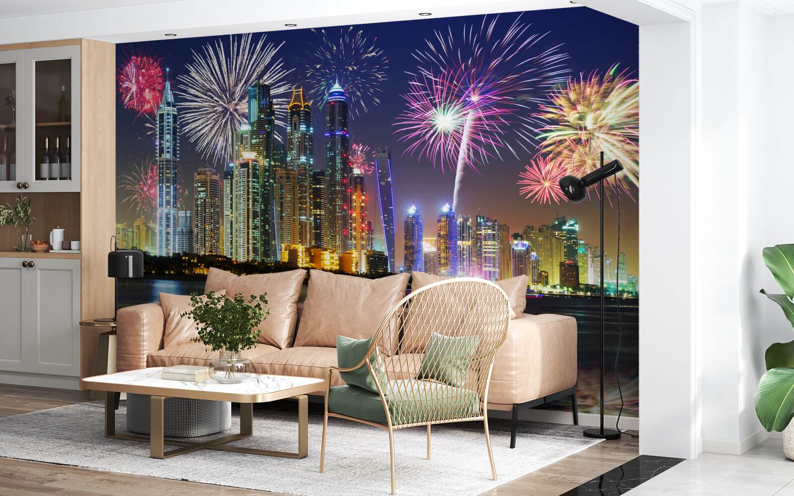 Fotobehang knalvuurwerk in de lucht boven de stad