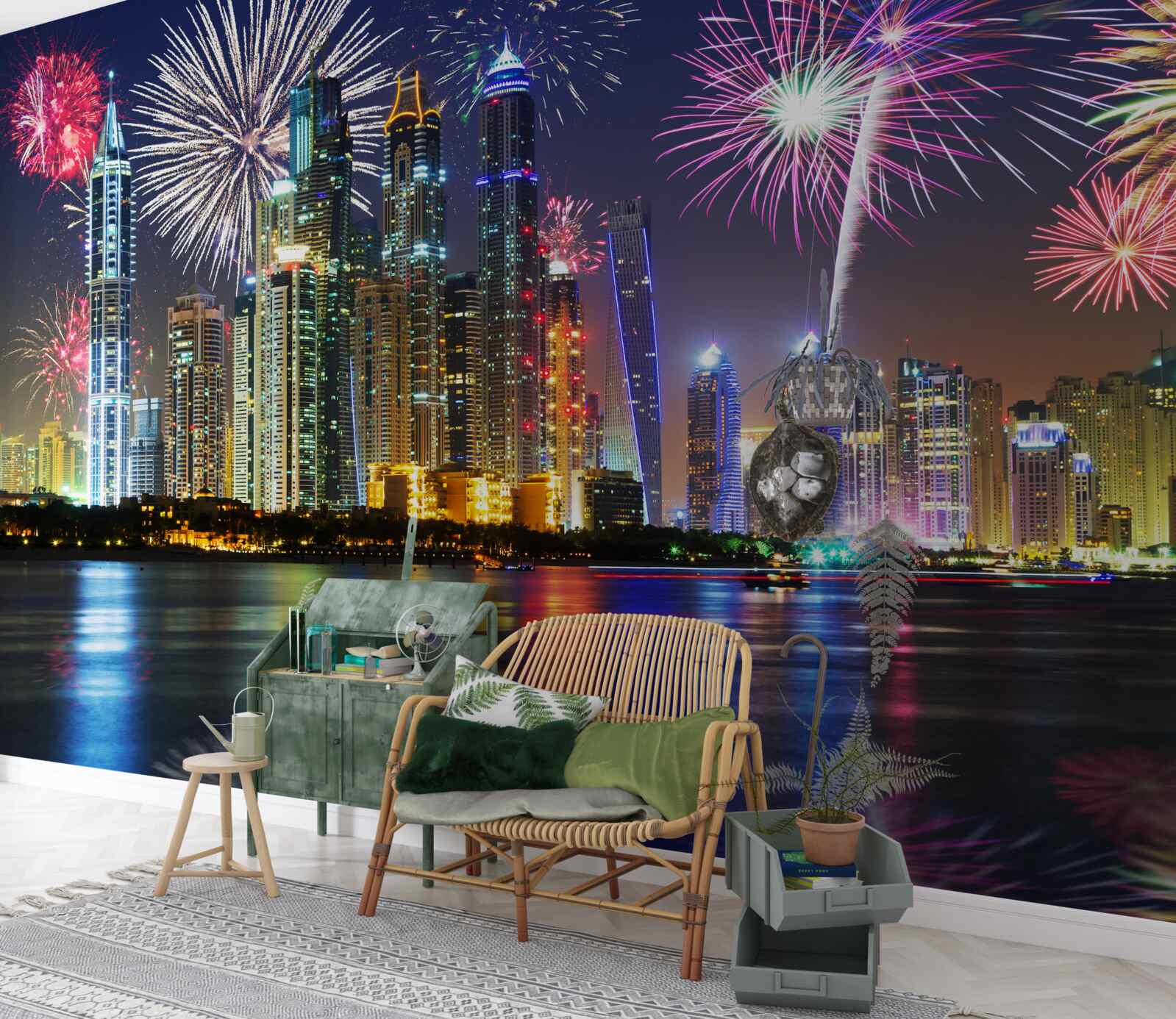 Fotobehang knalvuurwerk in de lucht boven de stad