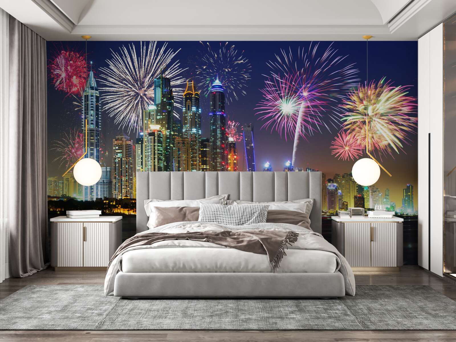 Fotobehang knalvuurwerk in de lucht boven de stad