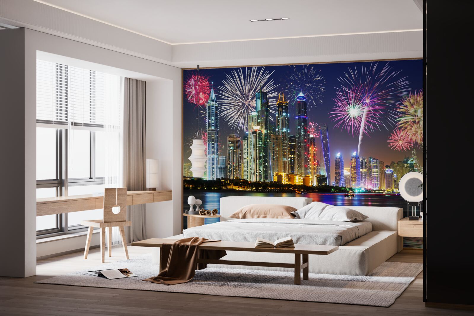 Fotobehang knalvuurwerk in de lucht boven de stad