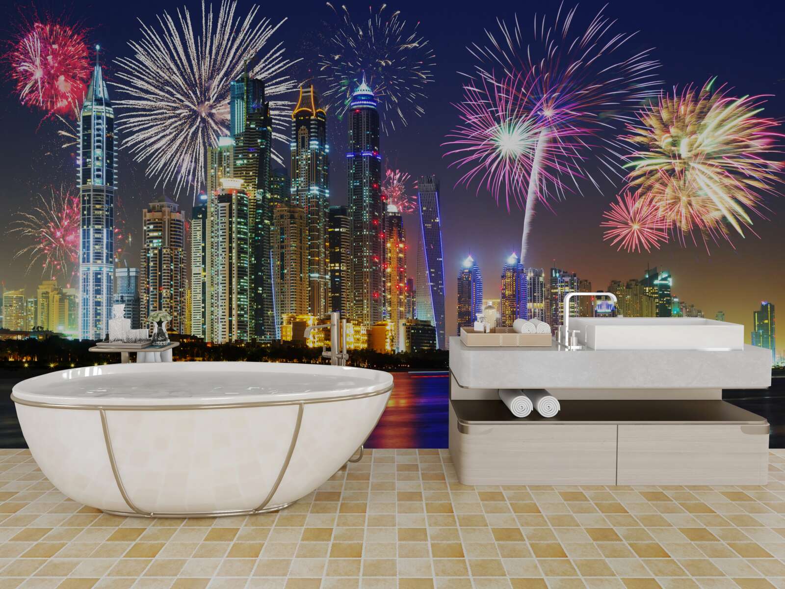 Fotobehang knalvuurwerk in de lucht boven de stad