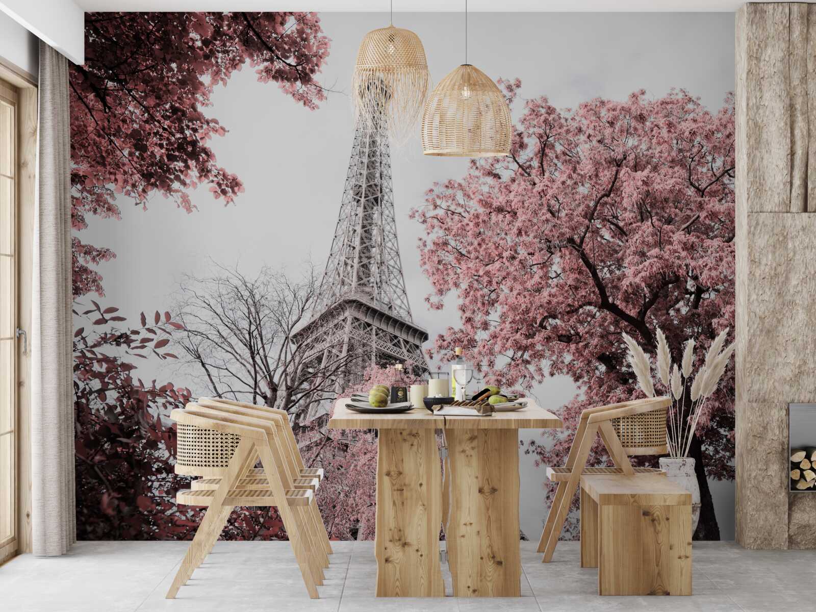 Fotobehang eiffeltoren omringd door kersenbloesems