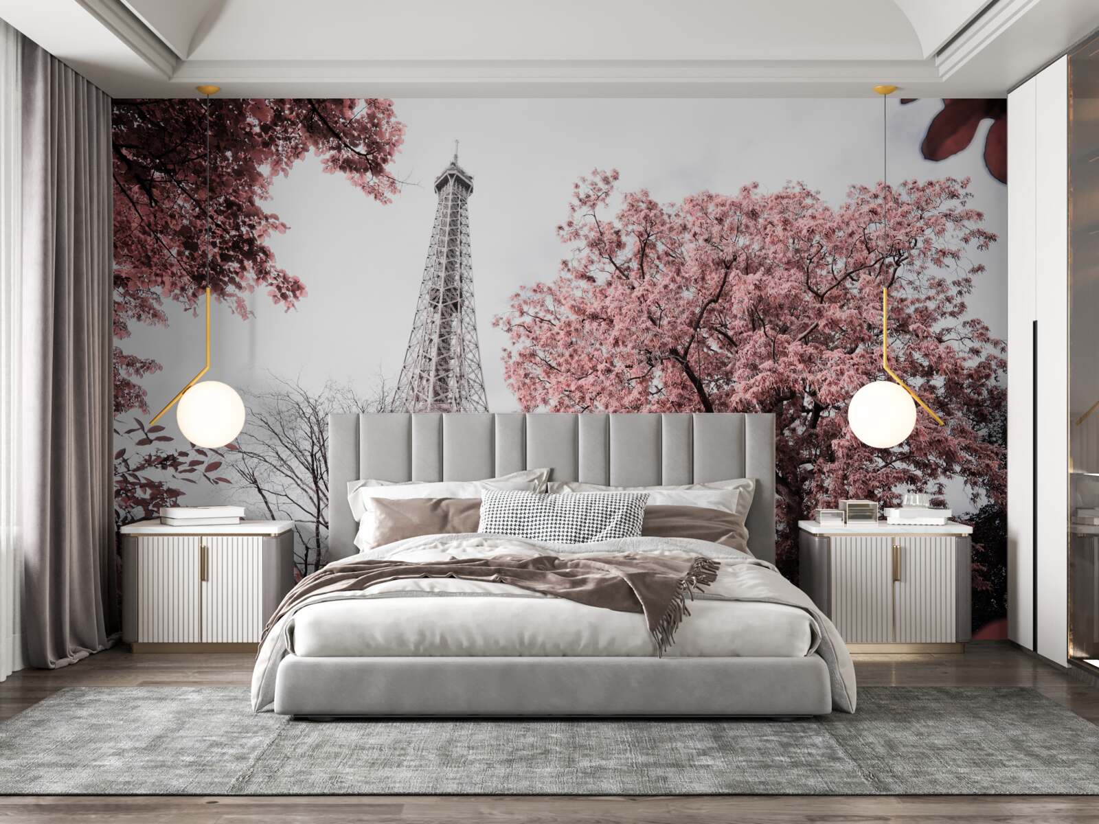 Fotobehang eiffeltoren omringd door kersenbloesems