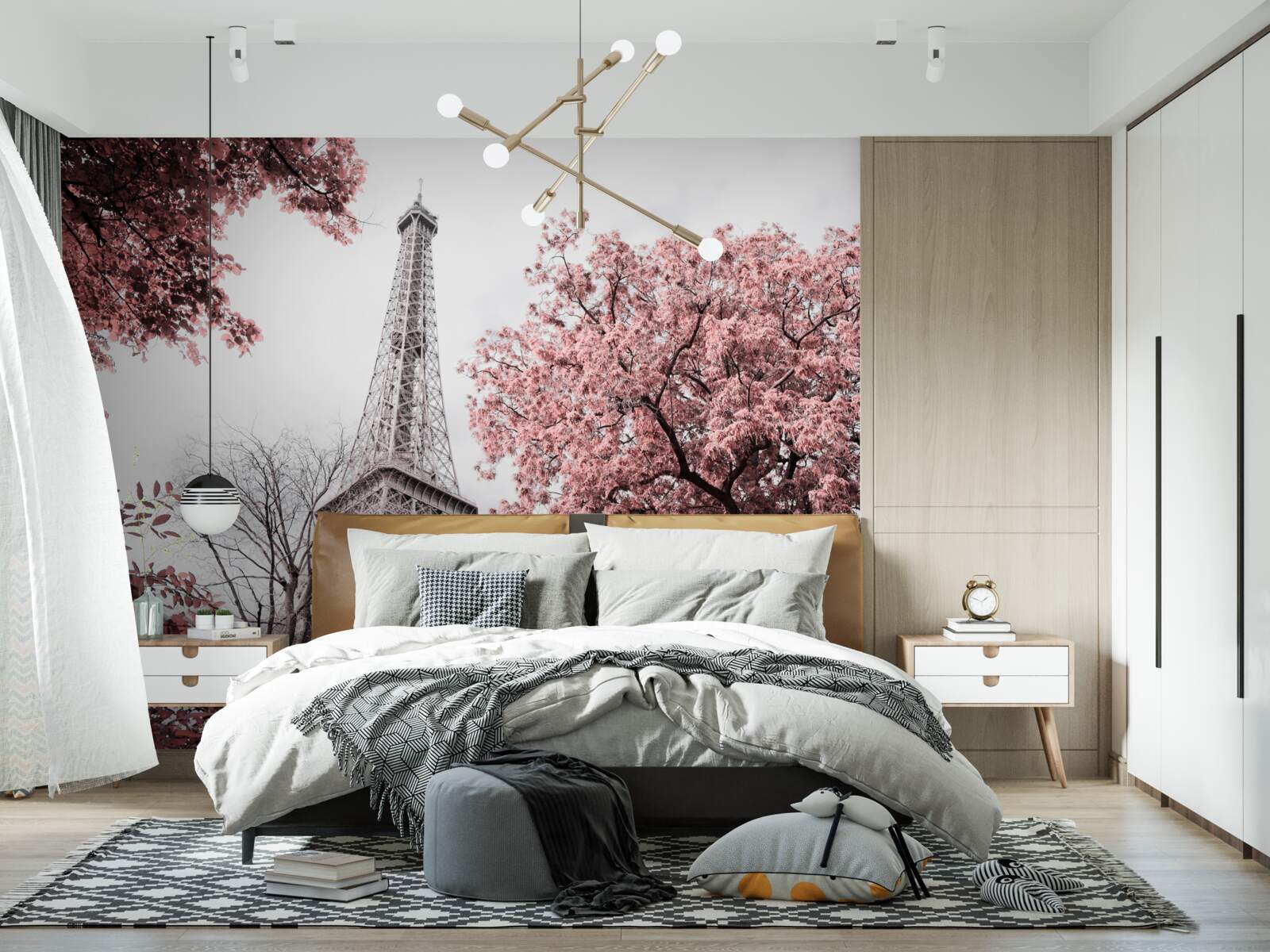 Fotobehang eiffeltoren omringd door kersenbloesems