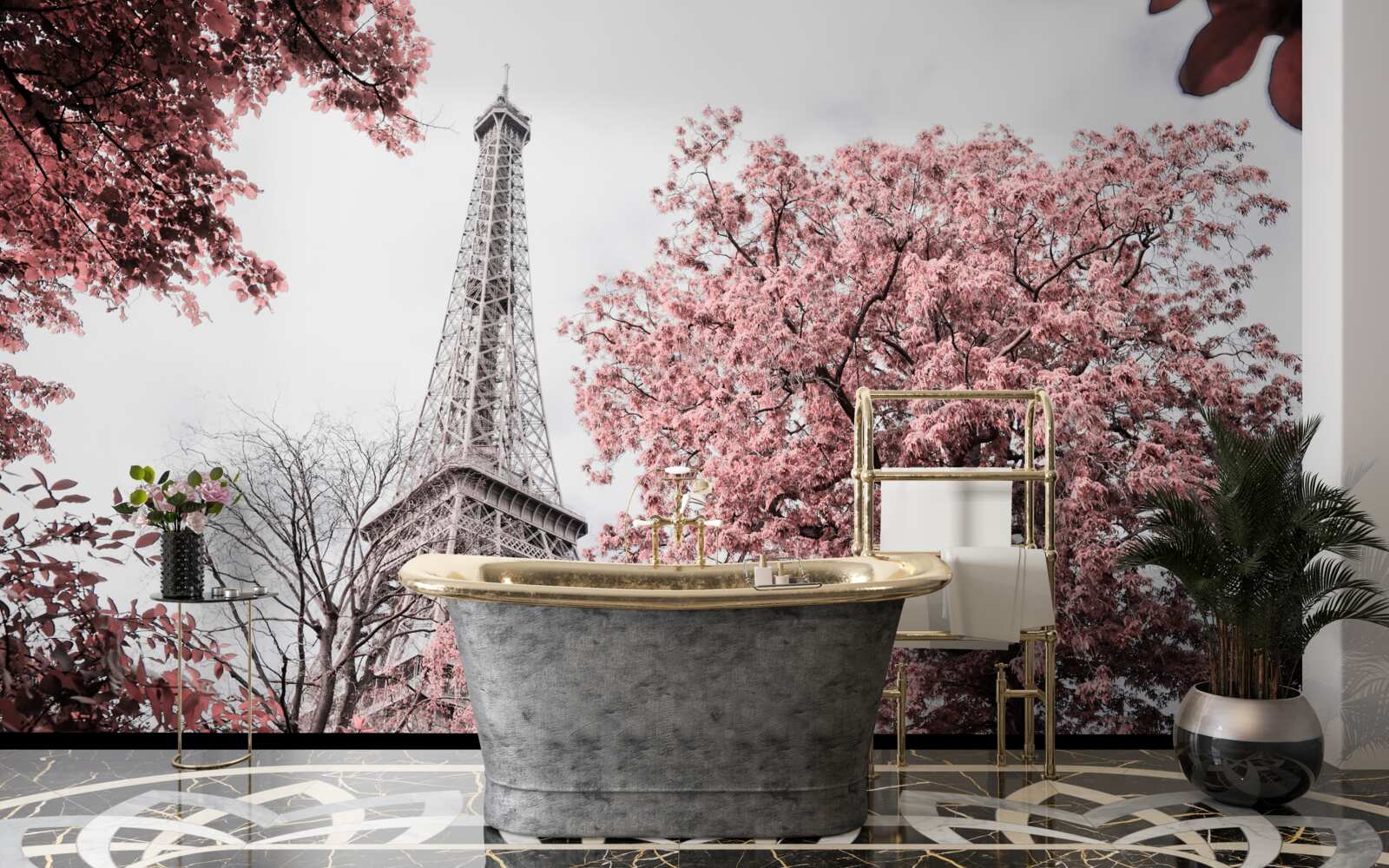 Fotobehang eiffeltoren omringd door kersenbloesems