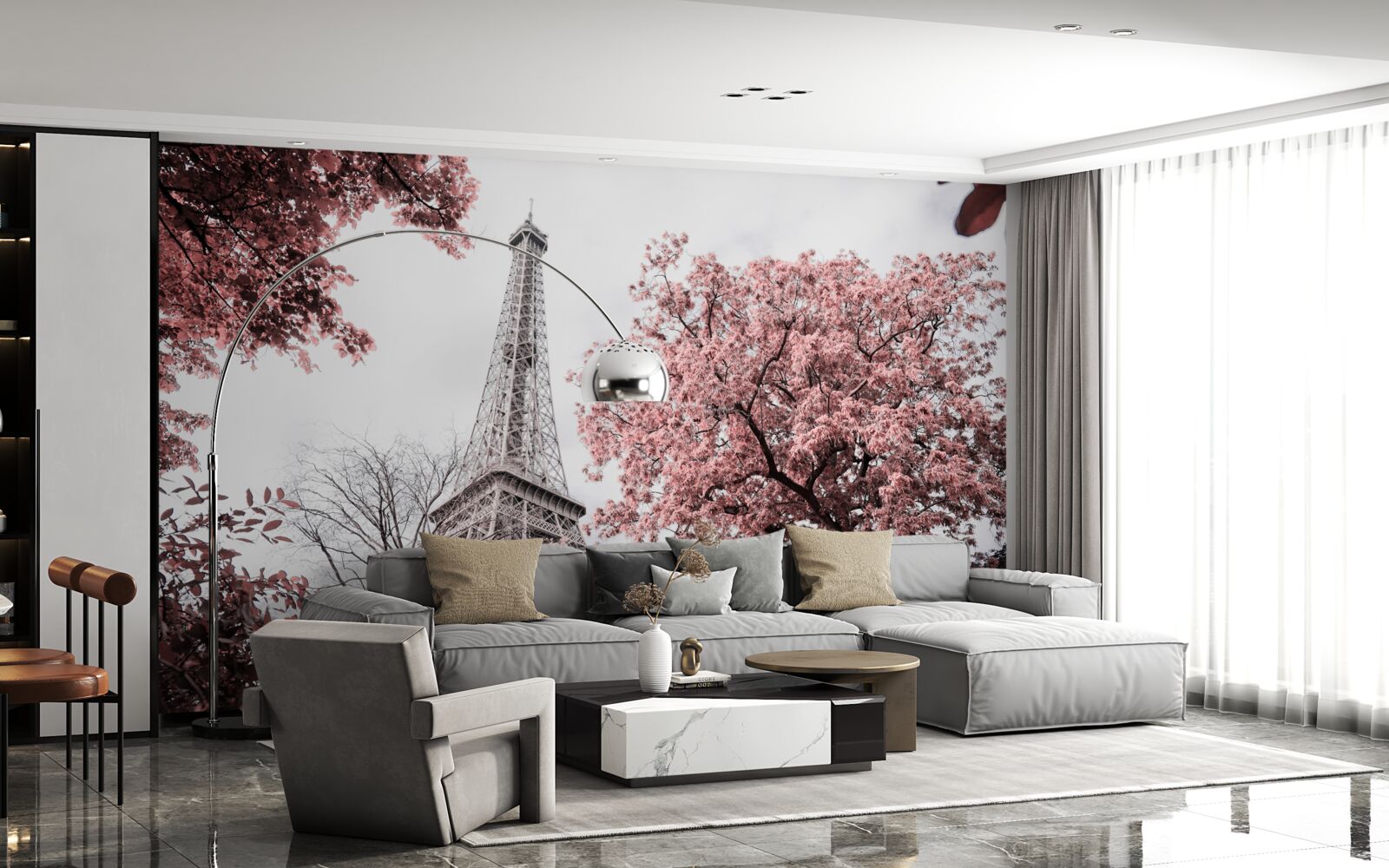 Fotobehang eiffeltoren omringd door kersenbloesems