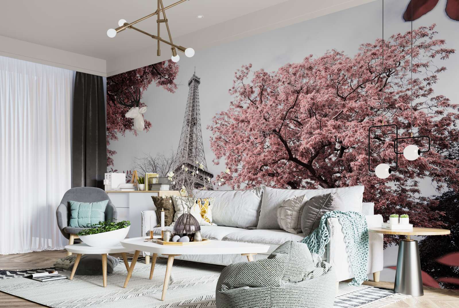 Fotobehang eiffeltoren omringd door kersenbloesems