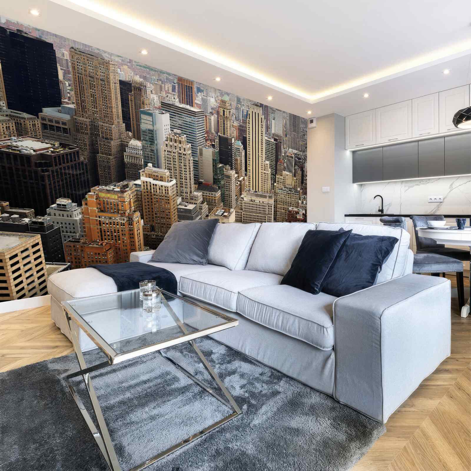 Fotobehang uitzicht op grootstedelijke architectuur vanaf de stoeprand