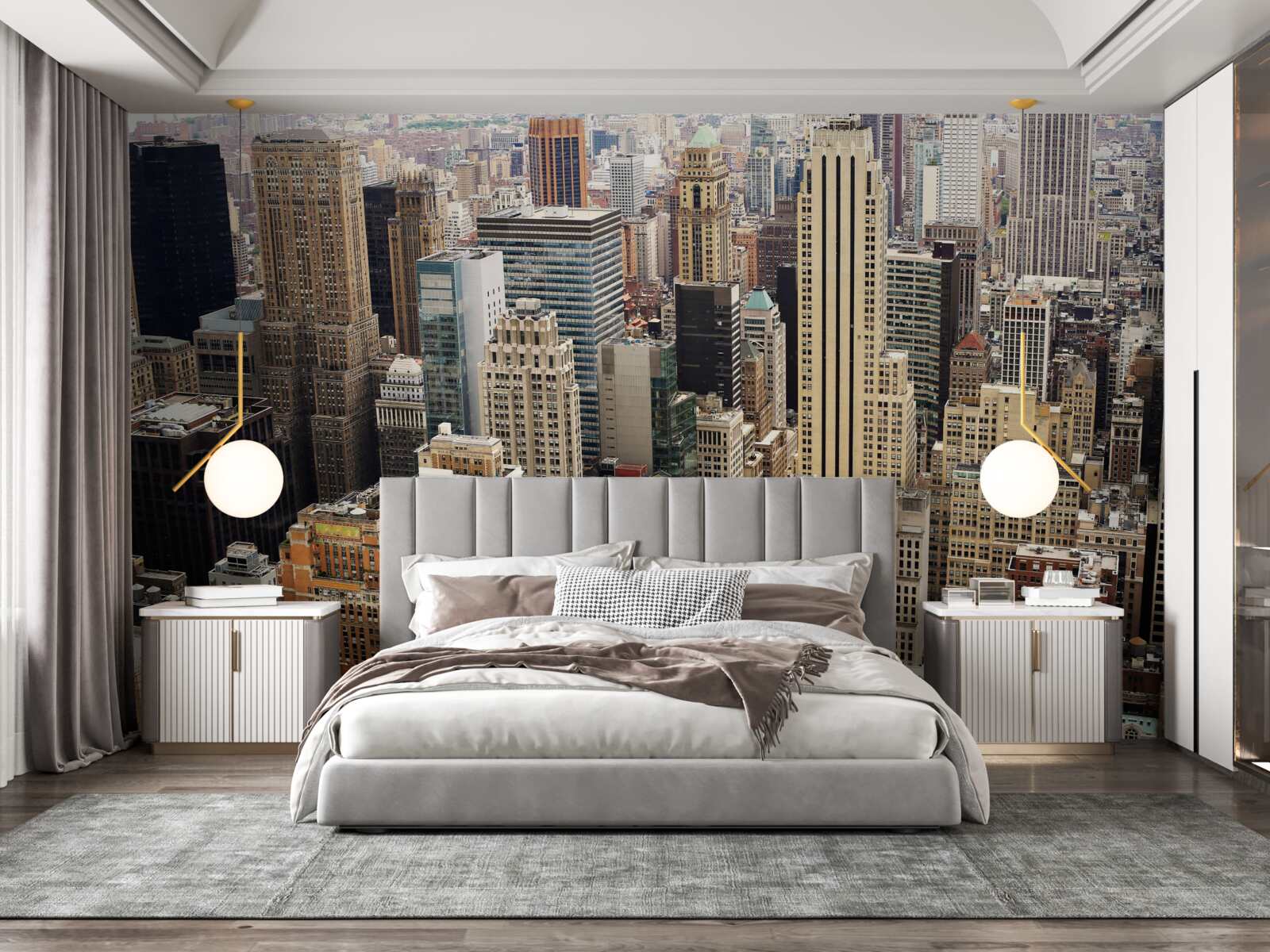 Fotobehang uitzicht op grootstedelijke architectuur vanaf de stoeprand