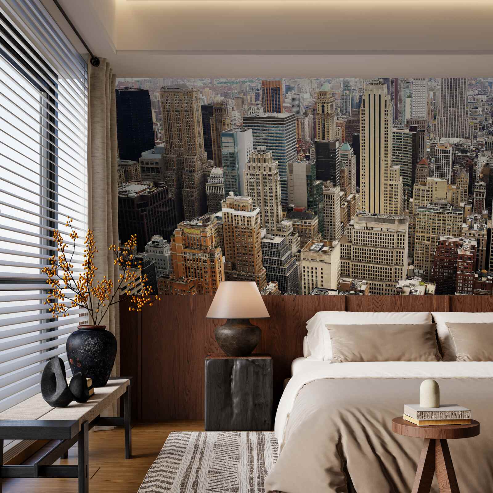 Fotobehang uitzicht op grootstedelijke architectuur vanaf de stoeprand